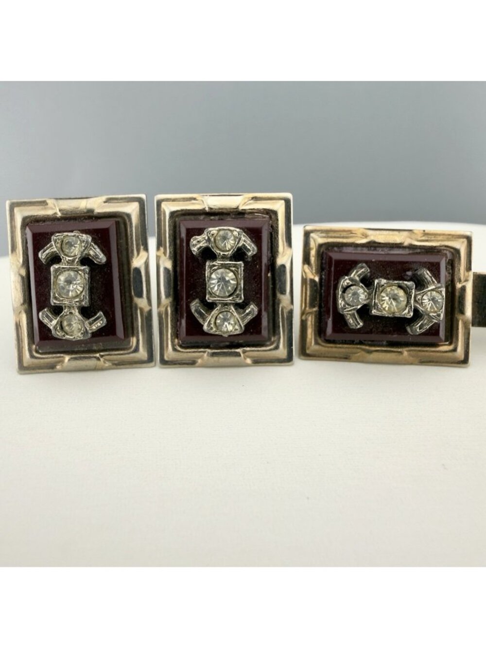 Vintage Art Deco Rhinestone Crystal Cufflinks Tie Clip Set Brown Plum Gold Tone
